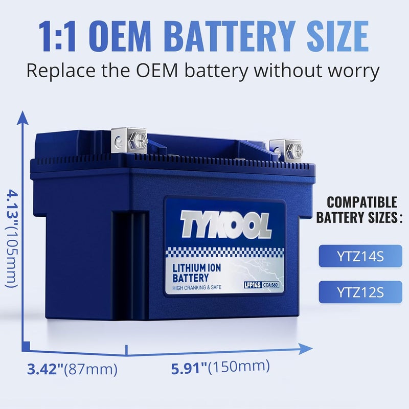 TYKOOL YTZ14S/YTZ12S High Performance Lithium LiFePO4 Motorcycle Battery,12V 6Ah,360CCA, Digital Readout, Built in BMS, Compatible for Large-displacement BMW,Hongda,KTM,Suzuki Motorcycles - Image 2
